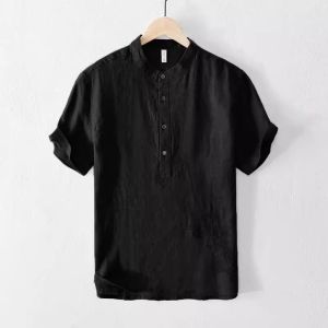 Loose Fit Linen Cotton Shirt Men Summer Thin Casual Short Sleeve Stand Collar Breathable Comfortable Youth Trend Fashion Shirt