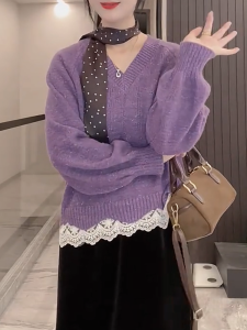 QINGNAER | Elegant Lace Spliced Temperament Knit Sweater