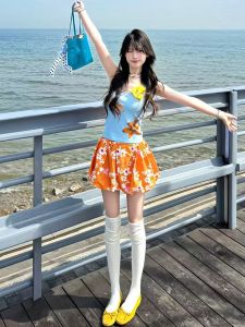 Váy Ngắn Xếp Ly Hoa Màu Cam Ngọt Ngào Phong Cách Mỹ Dành Cho Nữ Mùa Hè Phong Cách Dopa Váy Midi Chữ a Cạp Cao Dáng Rộng