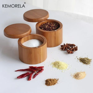1PC Bamboo Wooden Salt Box with Magnetic Swivel Lid - Kitchen Storage Container for Spices Herbs And Condiments