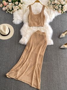 Fashionable Knitted Set Women Summer New Hollow out Embroidery Belted High Waist Long Skirt Two Piece Set Trendy Ensemble
