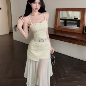 GUZILIAN | Korean Style Spicy Girl Rhinestones Asymmetric Mesh Patchwork 2PCS Set