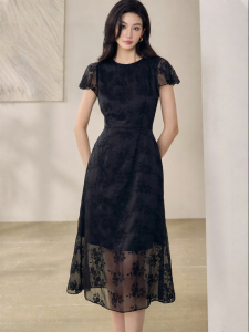 Roey s house | Elegant Stylish Embroidered Tulle Flounce Sleeves Midi Dress