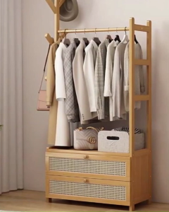 GTE 50cm/70cm/100cm Bamboo Clothes Drying Rack With Drawer Wardrobe Coat Rack Cabinet Rak Baju Almari Penyangkut Pakaian - Fulfilled by GTE SHOP