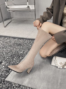 High Heel Boots Women Autumn and Winter 2024 New Slimming Stretch Khaki Small Man below the Knee Chunky Heel High Leg Boot