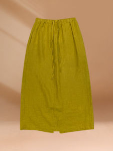 กระโปรงยาวผ้าลินินสีเหลืองทรงเอเอวสูง กระโปรงยาวผ่าข้าง ทรงหลวม กระโปรงสั้นสไตล์เกาหลี ฤดูร้อน 2024 กระโปรงยาวคลุมเข่า