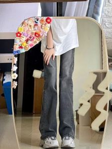 กางเกงยีนส์ทรงขาบานทรงยาวสำหรับเด็กผู้หญิง ฤดูใบไม้ผลิและฤดูใบไม้ร่วง กางเกงยีนส์ทรงตรงทรงสลิมสำหรับเด็ก เดรสยาวปานกลาง คอลเลกชันฤดูใบไม้ผลิ 2024