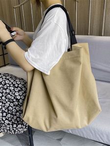 Trendy Large Capacity Canvas Shoulder Bag for Women Casual Shopping Bag Handbag Soft Korean Style Magnetic Buckle Closure