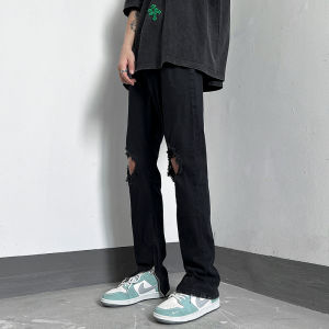 กางเกงยีนส์ทรงตรงสีดำขาดขากล้ามสไตล์อเมริกันสำหรับผู้ชาย กางเกงขายาวทรงเข้ารูป ซิปรูด ทรงเข้ารูป ทรงเข้ารูป