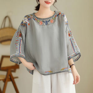 Plus Size Womens Summer Artsy Embroidered 3/4 Sleeve T-shirt Oversized Loose round Neck Covering Belly Thin Pullover Tops