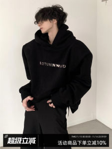 Queshanfeng Original Metal Lettering Shoulder Pad Hoodie Mens American Style Trendy Brand Casual Loose Fit Fleece Lined Sweatshirt