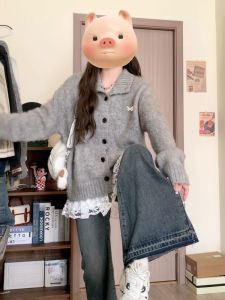 ZHENMANZI | Elegant Fall Style Gray Collar Knit Cardigan