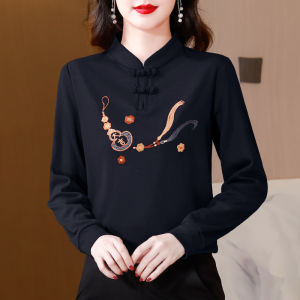 Elegant Red Embroidered Sweatshirt with Button Detail for Middle-Aged Women Fashionable Streetwear Style Long Sleeve Loose Fit