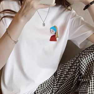 Áo Thun Cotton Thêu Tay Ngắn Cổ Tròn Dáng Rộng Mùa Hè Cho Nữ Áo Thun Cotton Phong Cách Mỹ Hoạt Hình