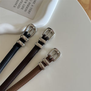 New Ins Style Womens Leather Belt Simple Double Buckle Decorative Skinny Belt Silver Color High-End Feeling Summer Fashion
