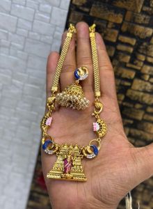 Traditional Temple Necklace with Pearl Jhumka Pendant