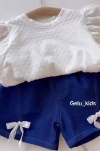 Set bộ quần áo bé gái mặc hè GELU KIDS chất liệu áo cotton thêu quần bò họa tiết nơ dễ thương tạo điểm nhấn B204