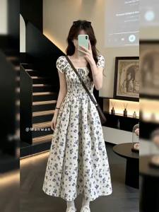 NIUVIES | French Style Blue Floral Slimming Long Dress