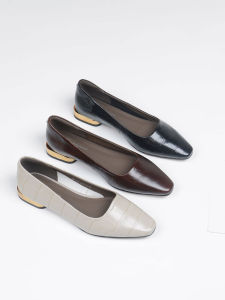 Shallow Mouth Square Toe Low Heel Chunky Leather Flats