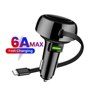Bộ Sạc Xe Hơi USB Đa Chức Năng 6A Với Cáp Type C Có Thể Thu Vào Sạc Nhanh Cho iPhone Samsung Huawei Xiaomi - Bộ Sạc Điện Thoại Trên Ô Tô