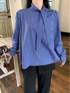 Blue Plaid Shirt Womens plus Size Korean Style Design Autumn High Waist Drapey Pants Long Trousers Casual Fashion plus Size