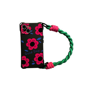 High-End Red And Black  17Promax Phone Case with Lanyard Handheld Huawei Mate60Pro Four Corner Hole Flower Full Cover Anti-Fall Womens Style