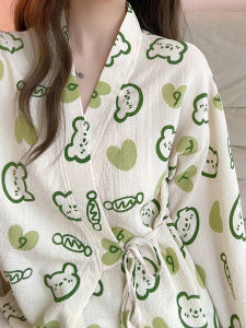 แขนยาวสไตล์ญี่ปุ่น ผ้าฝ้าย ชุดนอนสําหรับผู้หญิง น่ารัก หวาน การ์ตูน Bear Home Clothes สองชิ้น ชุดนอน Ensemble