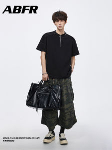 ABFR American Style Half Zip Shoulder Padded Short Sleeve T-Shirt Men Summer Space Cotton Loose Fit Half Sleeve Casual Wear