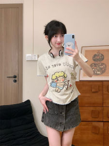 Cute Cartoon Print Short Sleeve T-Shirt Womens Fresh Style Pleated Waist Short Length Shoulder Width Regular Cotton Blend