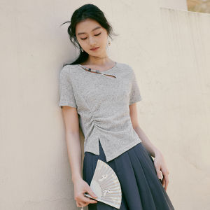 Summer New Womens Knitted T-Shirt Fragrant Shadow Irregular Short Sleeve Containing Linen Waist-Cinching Top Hollow out Detail