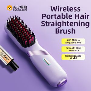 Wireless Portable Hair Straightening Comb Negative Ion Hair Care Charging Brush Two-In-One Curling Iron Flat Iron Brush Combo