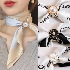 M.G Elegant Pearl Floral Scarf Ring Clip Camellia Flower Scarf Buckle for Women Scarf Lady Girls