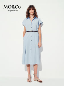 MO&Co. | Shirt Style Dress with Belt 3D Tailoring Roll Sleeve High Waist Pleated