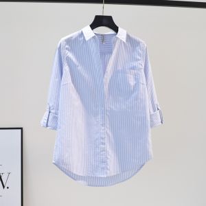 Brand Discount Womens Long Sleeve Shirt Single Pocket Vertical Stripes Spring Autumn Korean Style Commute Wind Button Splice