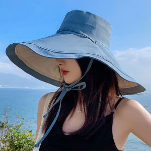 18cm Oversized Brim Cover Face Reversible Fisherman Hat Female Summer K-style Sun-Proof UV Protection Sun Hat