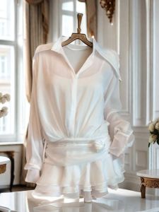 Pure Desire Style Womens Shirt Dress with Lace Hem Waist Cinching Short Cake Skirt Transparent Autumn Early Season Fashion