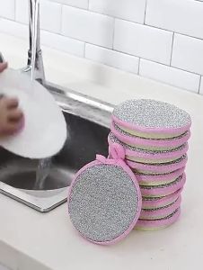 3 miếng bọt biển rửa chén hai mặt hình tròn 2 mặt nhám và xốp rửa chén xoong nồi nhanh chống-HAUSE