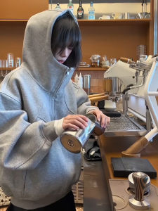 American Style Heavyweight Oversized Jacket Womens Fleece Lined Thick Autumn Winter New Advanced Feel Connected Hood Grey Sweatshirt