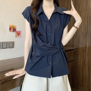 SHIMANQING | Irregular Belted Slim Polo Neck Short Sleeve Summer Blouse