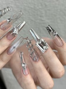 Nail Art Stickers Túi Túi Dài Thường Ngày Nhẹ Sang Trọng Handmade Ice through Silver T-Shape 3D Cat Eye Dễ Thương