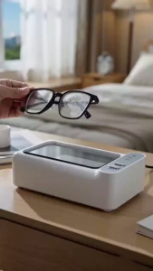 Portable white ultrasonic cleaner with noise reduction and stain removal for glasses. Suitable for office and home use. Larger sink capacity.