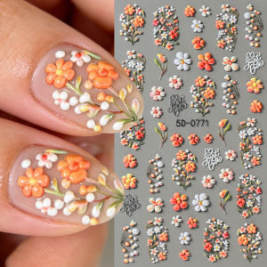 1Pcs 5D Embossed Daisy Flower Nail Art Stickers Orange&White Floral Self-Adhesive Nails Decals Spring Summer Blossom NailSliders