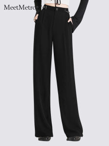 Black High Waist Straight Leg Casual Pants for Women Fashionable MeetMetro Spring New Arrival Comfortable Polyester Fiber