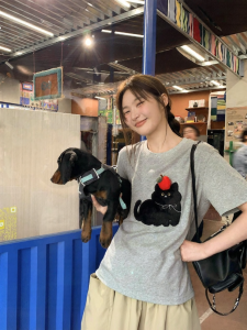 NIHAOKANONG | Áo Thun Cotton Sơ Mi Dễ Thương Tay Ngắn Cổ Tròn In Hình Thêu