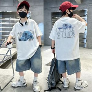 Tshirt for Kids Boys 6-16years old Summer T-shirt Cotton Soft Fabric School Casual Top Short Sleeves Teens Simple Aesthetic Tees Childrens Wear Streetwear Printed Design 130-160CM COD Manila