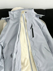 Blue Fleece Lined Three-in-One Thickened Autumn Winter Jacket for Women Removable Inner Climbing Layer Outdoor Short Coat