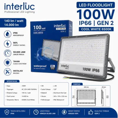 INTERLUC LAMPU SOROT FLOODLIGHT LED GEN2 BOHLAM ANTI AIR IP66 400W 300W 200W 150W 100W 50W 30W 20W 10 WATT GARANSI 1 TAHUN BAGUS KUALITAS TERJAMIN