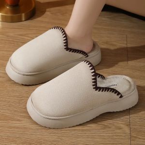 TRACYY Women Plush Slippers Fashion Thick Soles Fur Lined Suede Slippers New Furry Slides Winter Warm Fluffy House Cotton Shoes