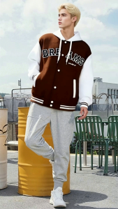 MOTO FASHION Long Sleeve DREAMS 3D Embroidered Varsity Jacket with Hood for Men Hoodie Jacket Man