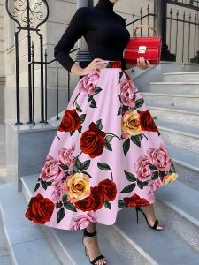 Printed Design Four Seasons Rose Pattern Printed Design Holiday Style Half Skirt